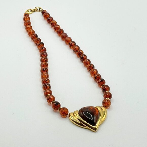 Napier Vintage Faux Amber Round Bead Gold Cabochon Plaque Statement Necklace - Picture 2 of 6